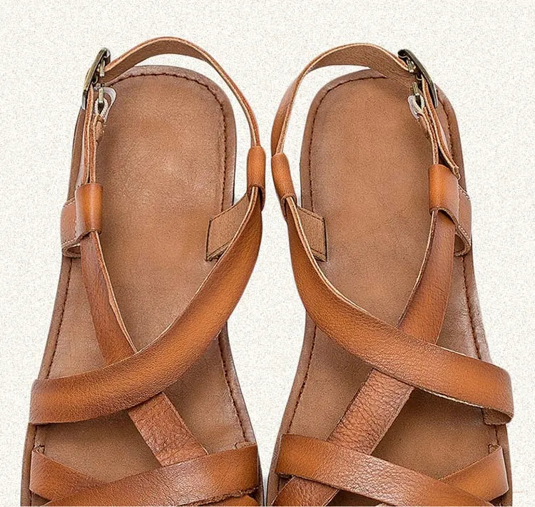 Women's Genuine Leather Platform Flats | Weave Mary Jane Sandals | Luxury Summer Slippers | Beige, Orange & Green | Sizes 35-40