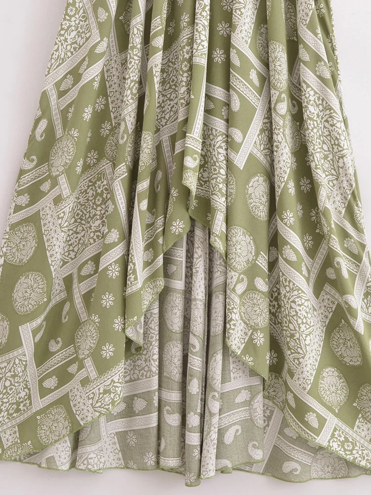 Bohemian Backless High-Low Maxi Dress | Floral Strapless Rayon Summer Holiday Dress with Tassels | Black, Sage, Orange, Aqua | S–L