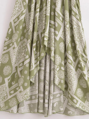 Bohemian Backless High-Low Maxi Dress | Floral Strapless Rayon Summer Holiday Dress with Tassels | Black, Sage, Orange, Aqua | S–L