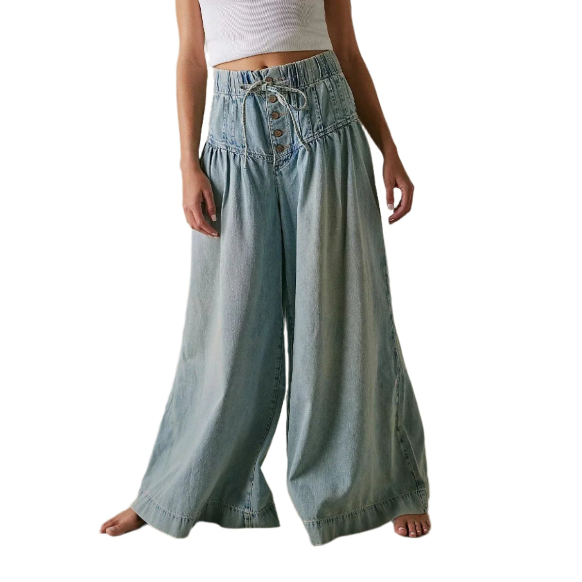 Bohemian Hippie Wide-Leg Denim Jeans | Mid Waist Pleated Cotton Drawstring Pants | Sky Blue & Dark Blue | XS–3XL