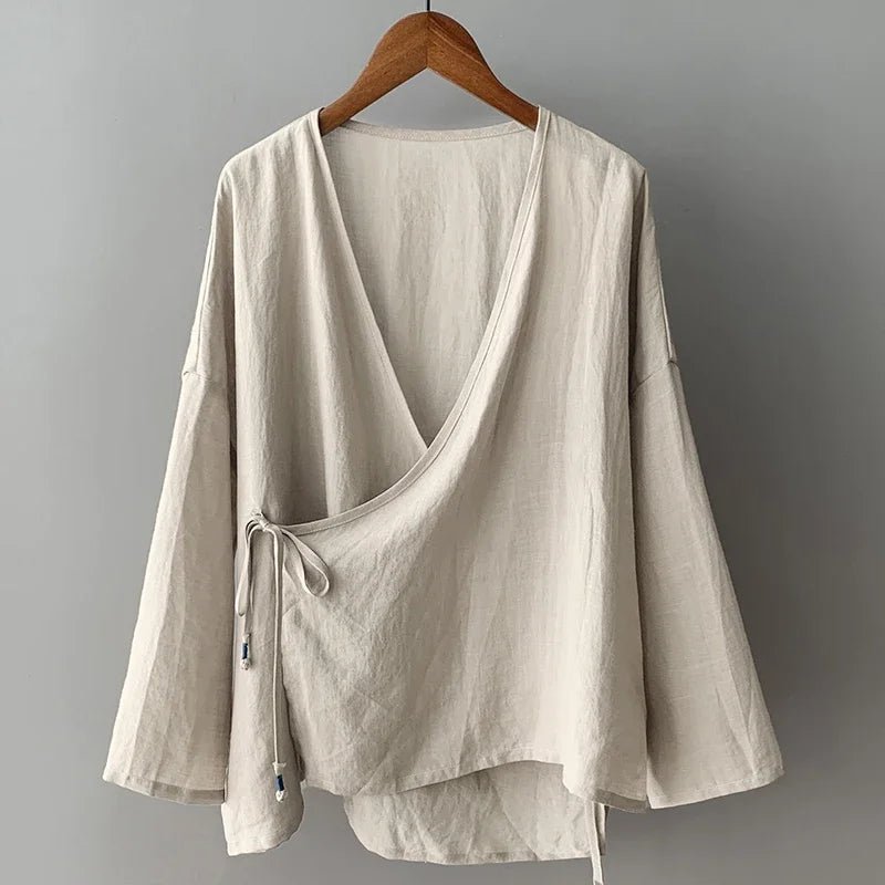 Women's Bohemian Cotton Linen Lace - Up Shirt | Hippie Long Sleeve Casual Blouse | Solid Colour V - Neck Top S–3XL