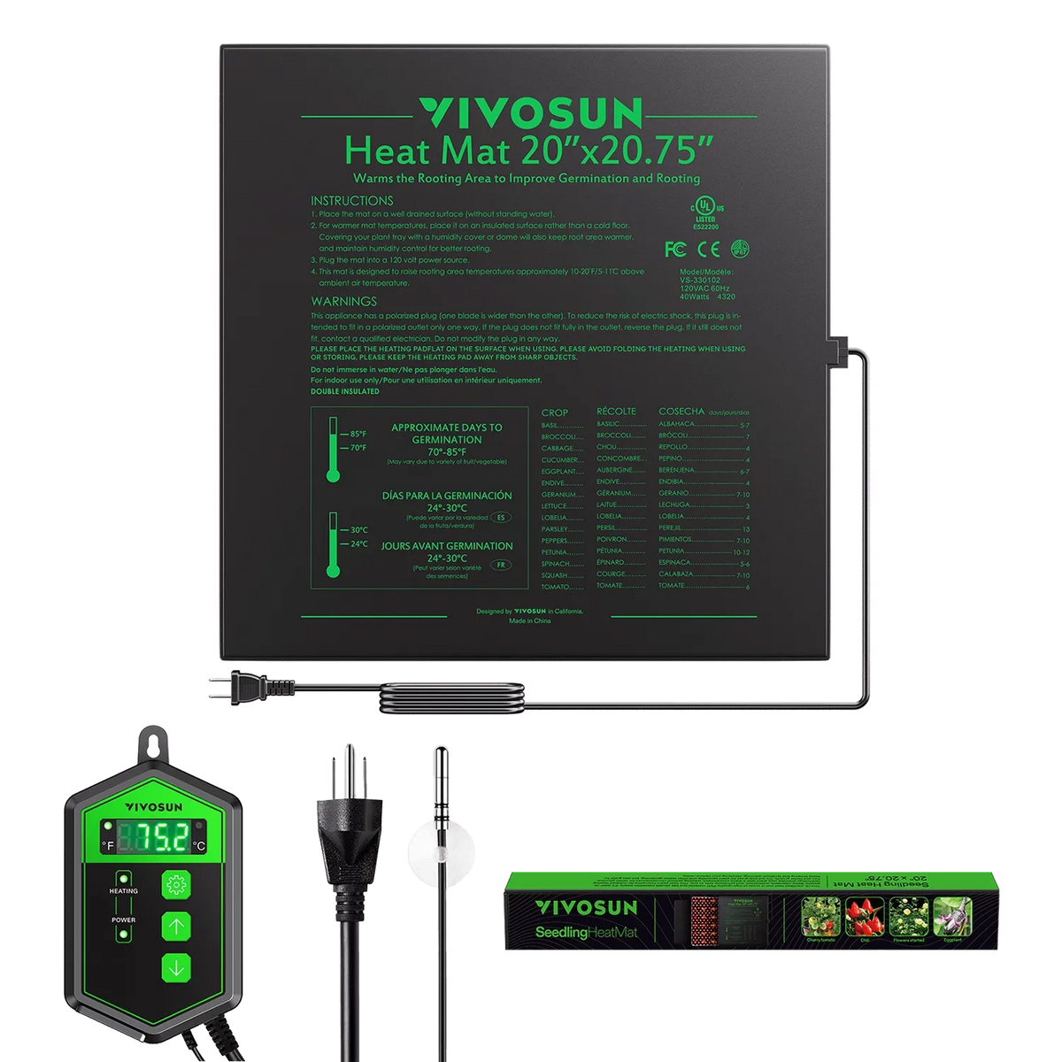 Seedling Heat Mat & Thermostat Combo | 20″ x 20.75″ | Fits Two 1020 Trays | Safe, Energy-Efficient Propagation Mat for Seed Starting & Cloning