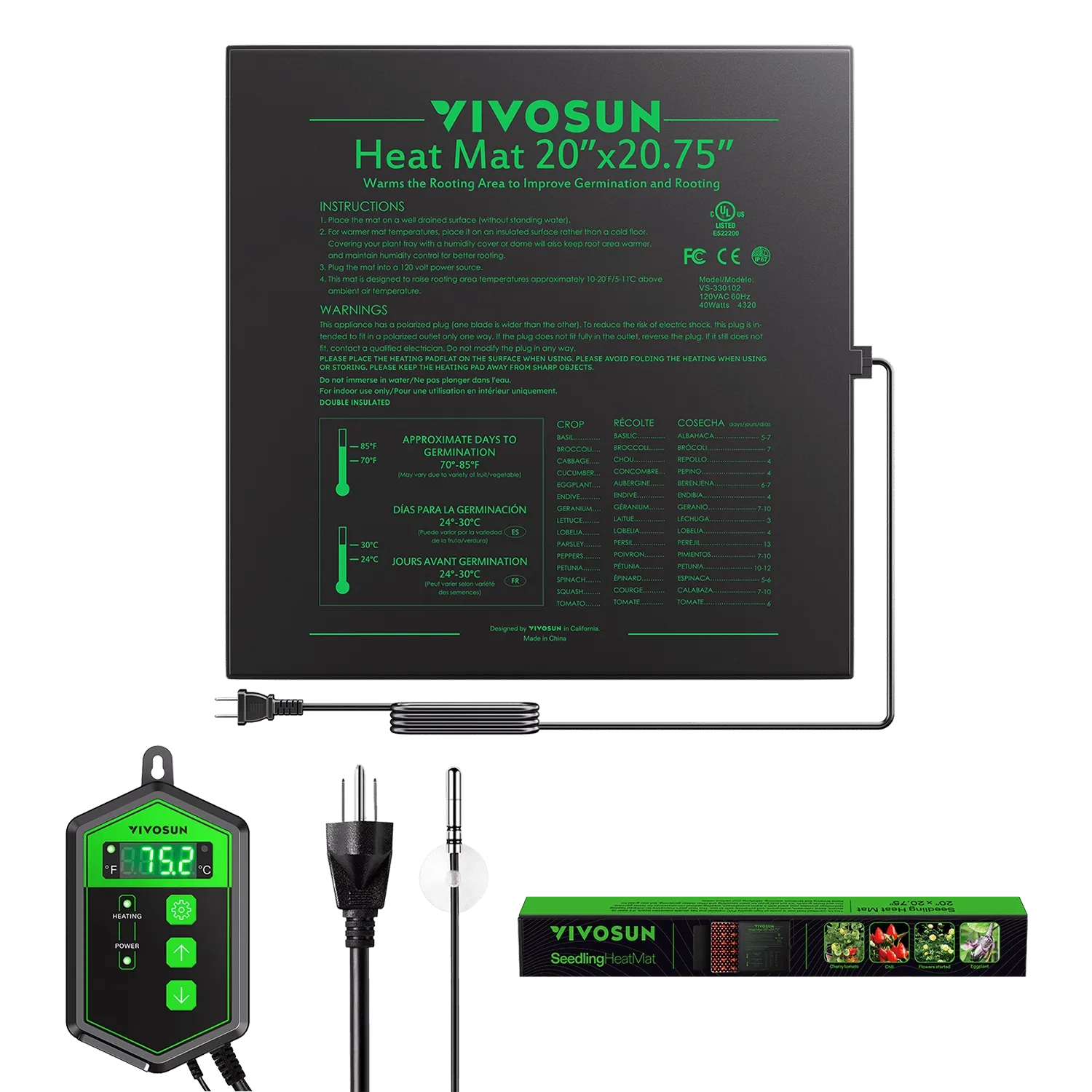 Seedling Heat Mat & Thermostat Combo | 20″ x 20.75″ | Fits Two 1020 Trays | Safe, Energy-Efficient Propagation Mat for Seed Starting & Cloning