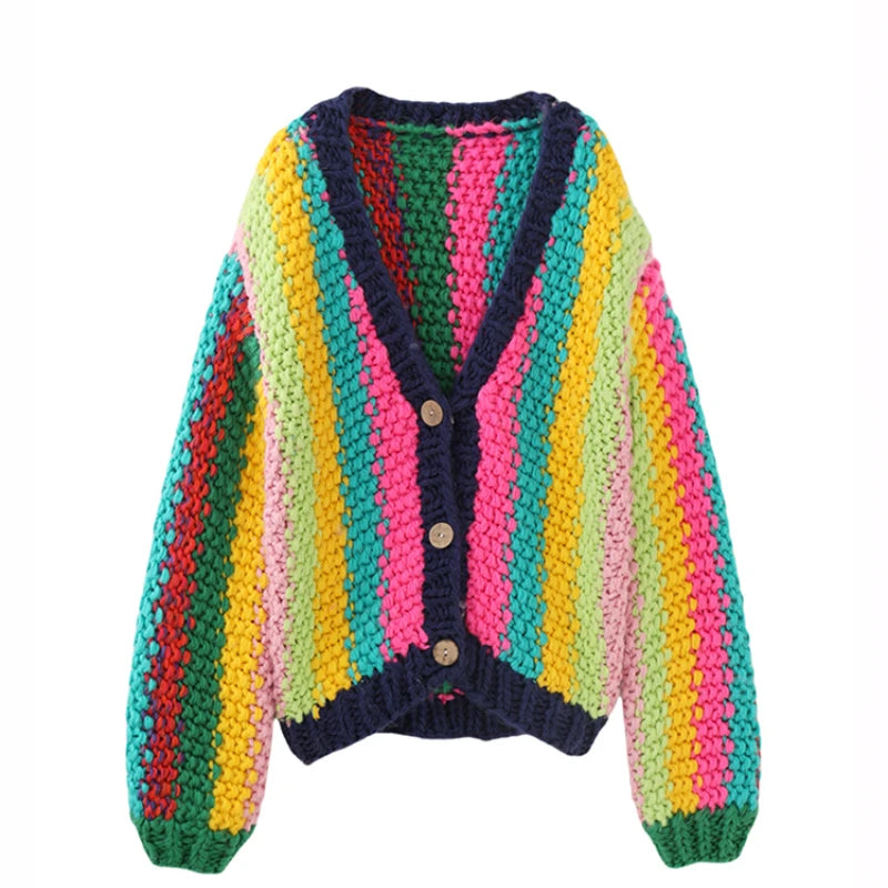Chunky Handmade Rainbow Cardigan | Loose Knit Multicolour Acrylic Sweater | Hippie Autumn/Winter One Size