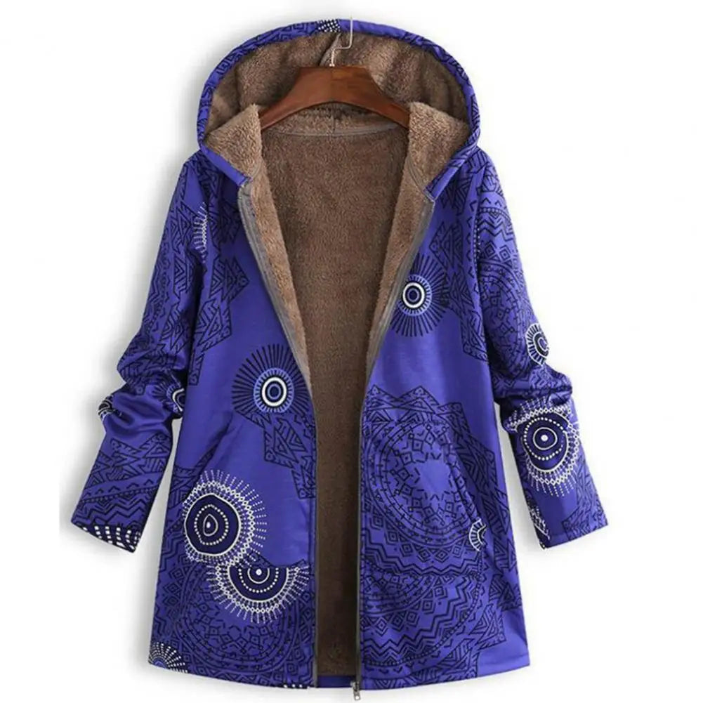 Women's Vintage Hooded Hippie Winter Coat | Unique Printed Zip-Up Jacket | Warm Loose Fit | M–3XL | Black, Blue, Green, Red