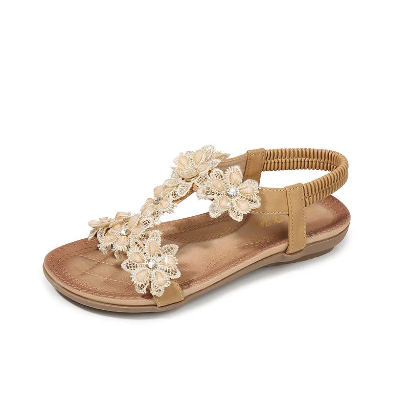 Comfortable Flat Sandals for Women |  Bohemia Flowers Rhinestone Beach Thongs | Available in Red, White, Black, and Blue