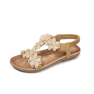 Comfortable Flat Sandals for Women |  Bohemia Flowers Rhinestone Beach Thongs | Available in Red, White, Black, and Blue