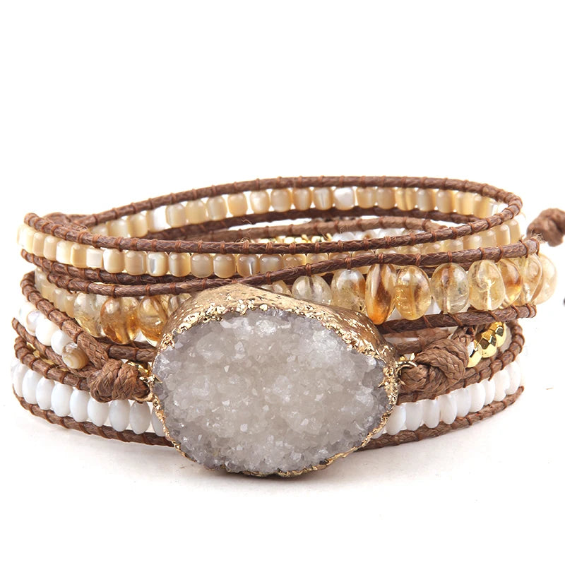 Hippie Styled Bracelet With Large Druzy Stone Charm | Handmade In White