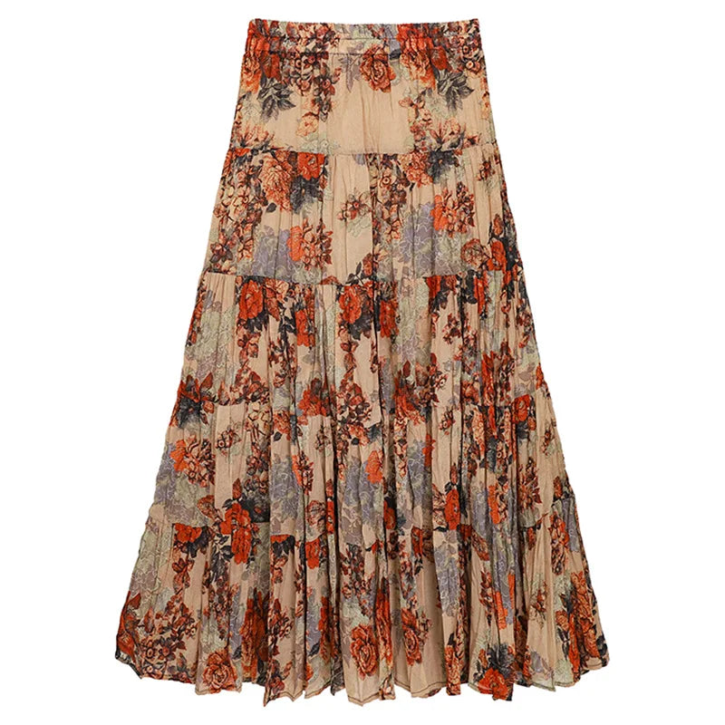 Bohemian Hippie Floral Maxi Skirt | Pleated A-Line Layered Elastic Waist | 4 Colour Options | One Size