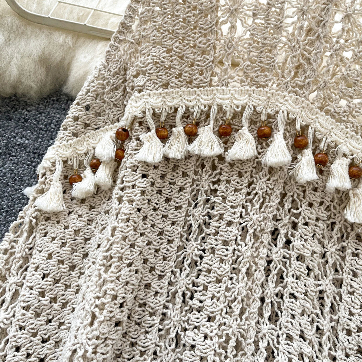 Boho Tassel Knit Beach Top | V-Neck Backless Hollow-Out Smock (One Size)