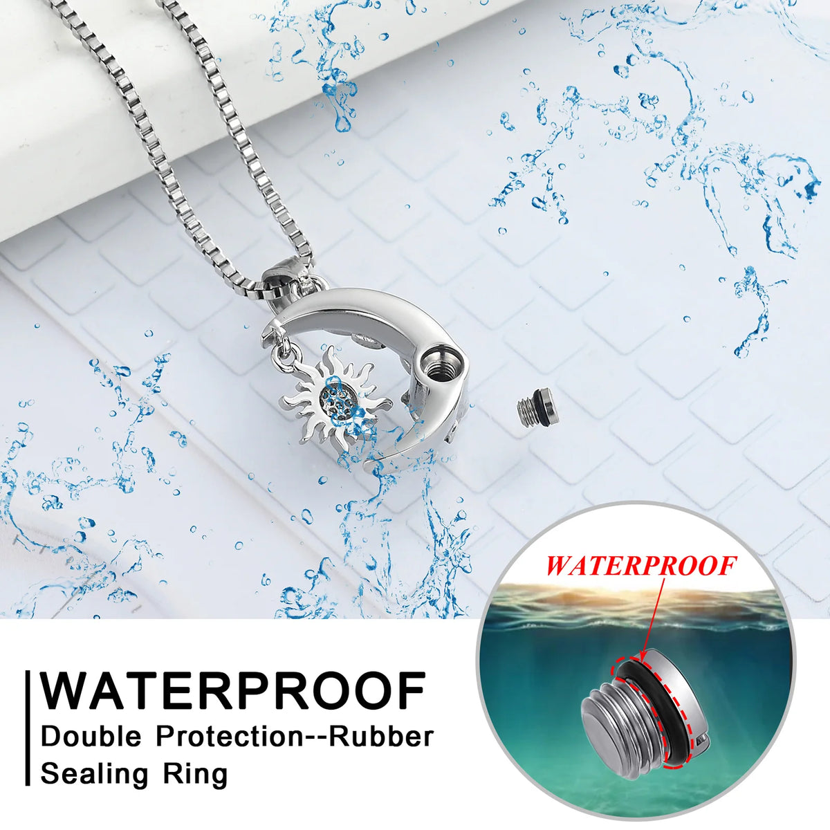 Cremation Necklace With Sun Design | Waterproofed Rubber Seal Compartment
