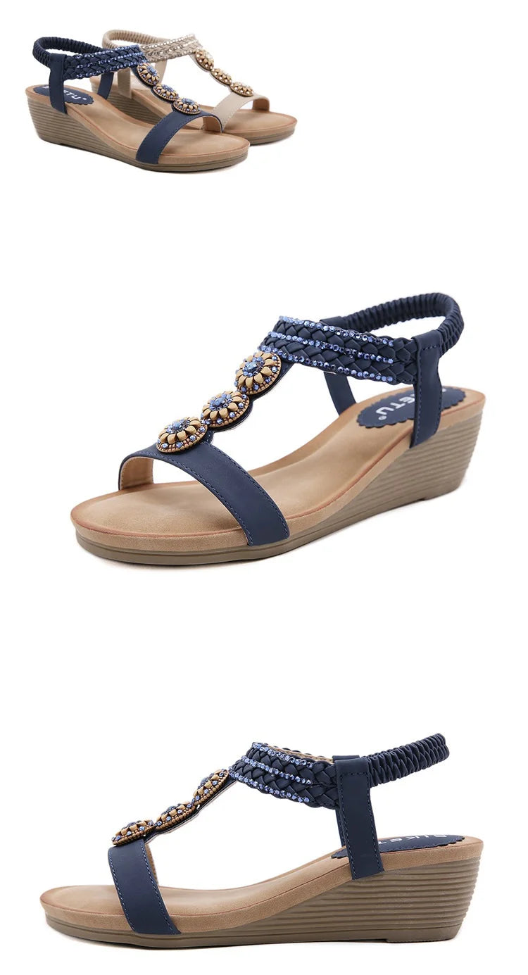 Women's Roman Rhinestone Luxury Summer Shoes | Apricot Or Navy | Various Sizes