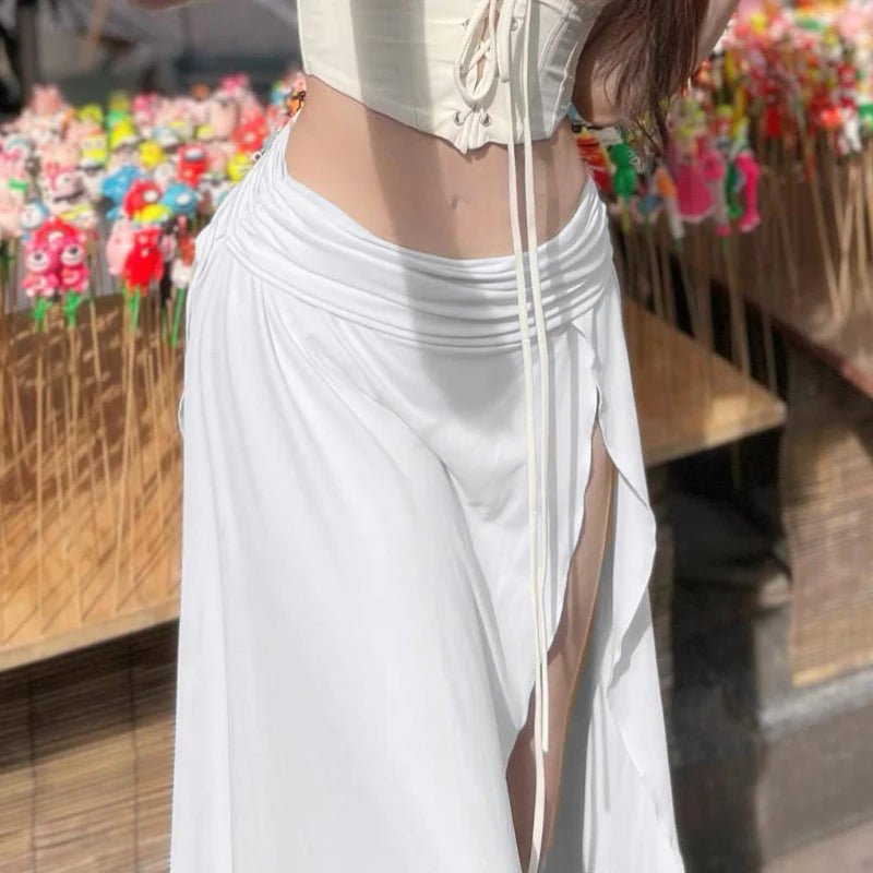 Bohemian Ruched Long Skirt | Women's Solid Colour Side Split Y2K Hippie Skirt | Summer Party Streetwear | S - XLdre
