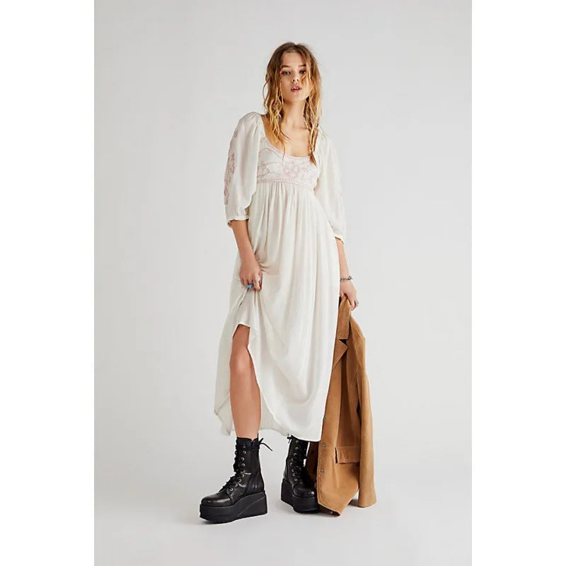 Bohemian Hippie Embroidered Midi Dress | Backless Cotton Blend Lantern Sleeve | Vintage Style | S–L | Blue, White, Purple