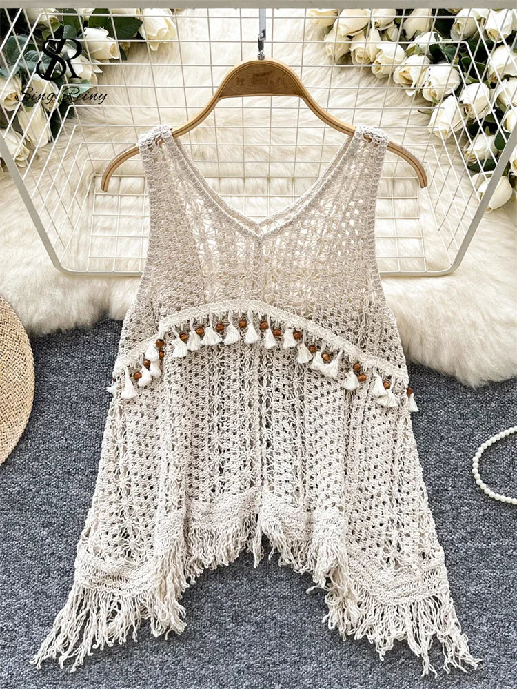 Boho Tassel Knit Beach Top | V-Neck Backless Hollow-Out Smock (One Size)