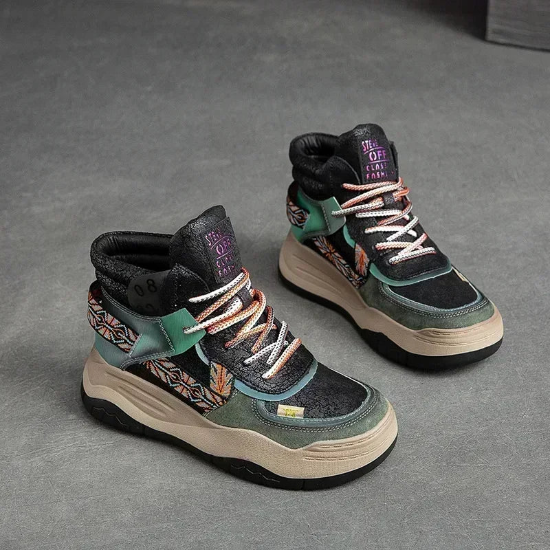 Women's 5CM Genuine Leather Platform Wedge Sneakers | Plush Warm Casual Fall Winter Shoes | Retro Hippie Style | Thick Bottom | Sizes 31-48