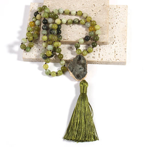 Hippie Styled Tassle Necklace With Green Druzy Stone