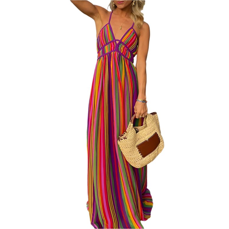 Bohemian Rainbow Stripe Maxi Dress | Women's Sleeveless V - Neck Beach Dress | Backless High Waist A - Line S–3XLdres