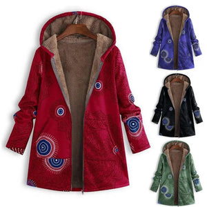 Women's Vintage Hooded Hippie Winter Coat | Unique Printed Zip-Up Jacket | Warm Loose Fit | M–3XL | Black, Blue, Green, Red