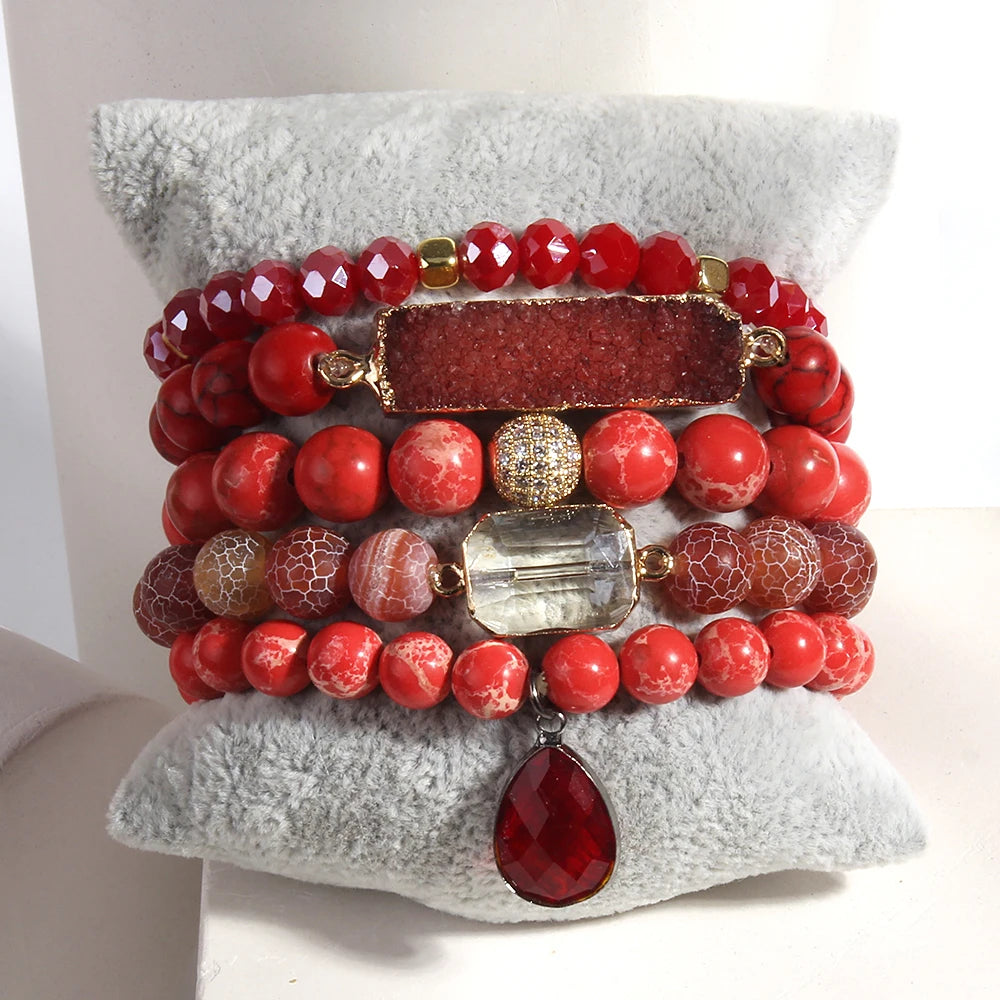 Wide Hippie Bracelet With Druzy Drop Charm | Handmade In Red
