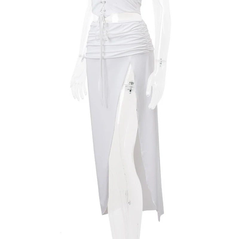 Bohemian Ruched Long Skirt | Women's Solid Colour Side Split Y2K Hippie Skirt | Summer Party Streetwear | S - XLdre