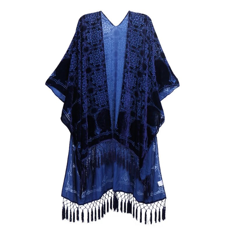Bohemian Burnt Plush Velvet Kimono | Women's Long Floral Beach Cover - Up with Tassels | One Size | Various Colourstop