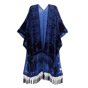 Bohemian Burnt Plush Velvet Kimono | Women's Long Floral Beach Cover - Up with Tassels | One Size | Various Colourstop