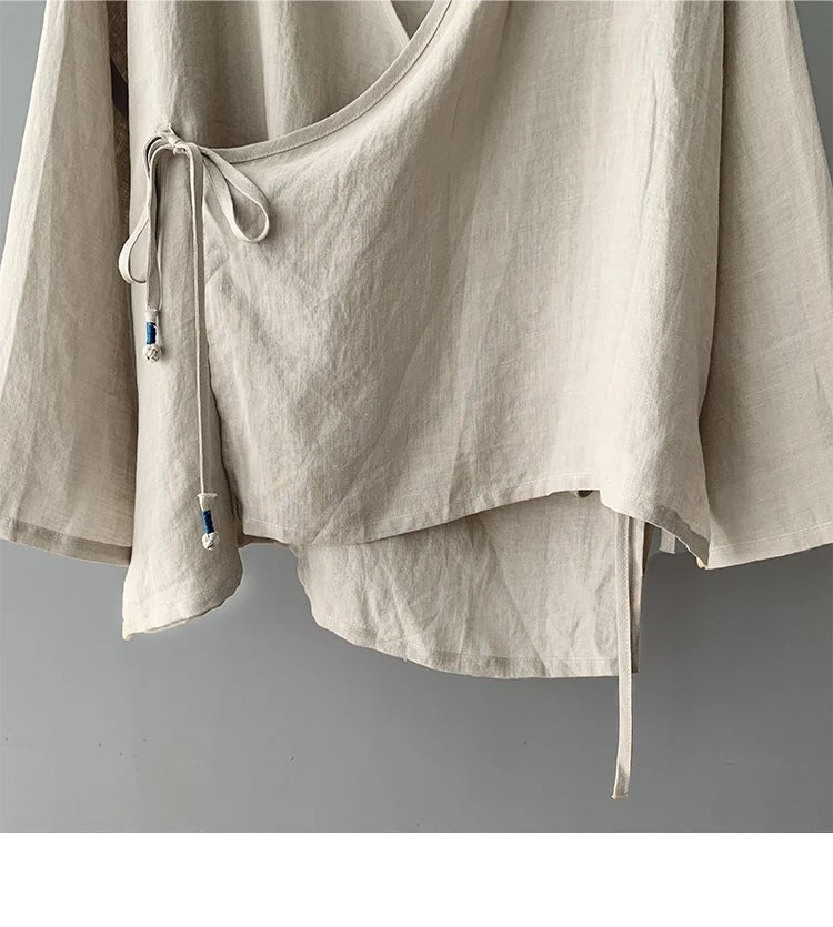 Women's Bohemian Cotton Linen Lace - Up Shirt | Hippie Long Sleeve Casual Blouse | Solid Colour V - Neck Top S–3XL