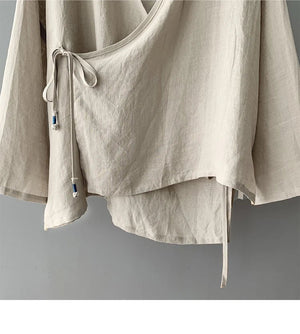 Women's Bohemian Cotton Linen Lace - Up Shirt | Hippie Long Sleeve Casual Blouse | Solid Colour V - Neck Top S–3XL