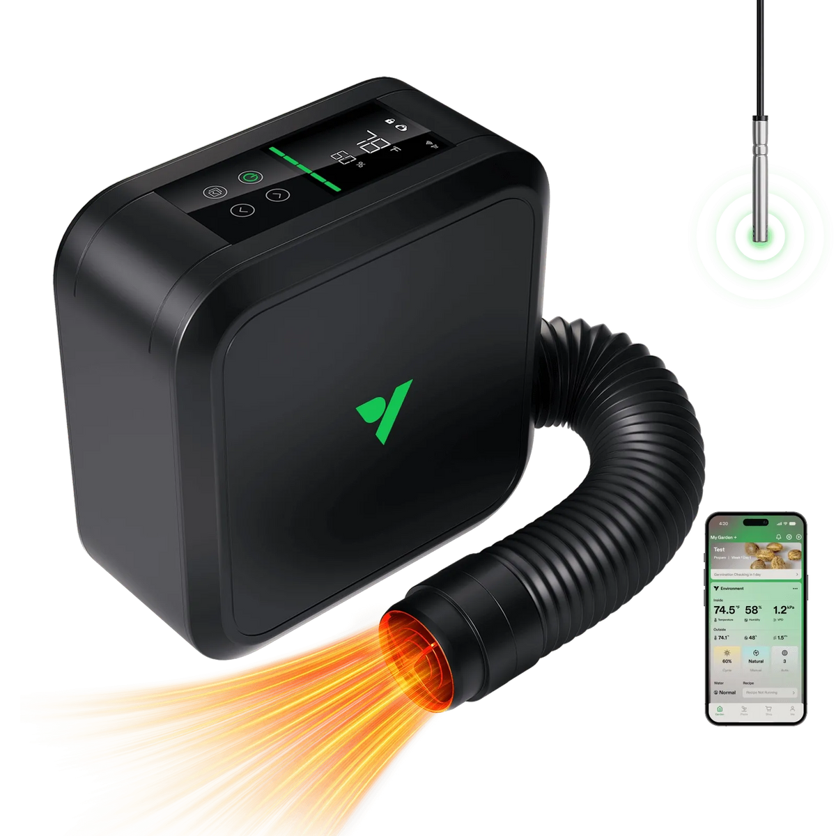 Smart Grow Tent Heater | 700W PTC | VPD Control + Sensor | 5 Heat Levels | App Control + Scheduling | Tip-Over & Overheat Protection