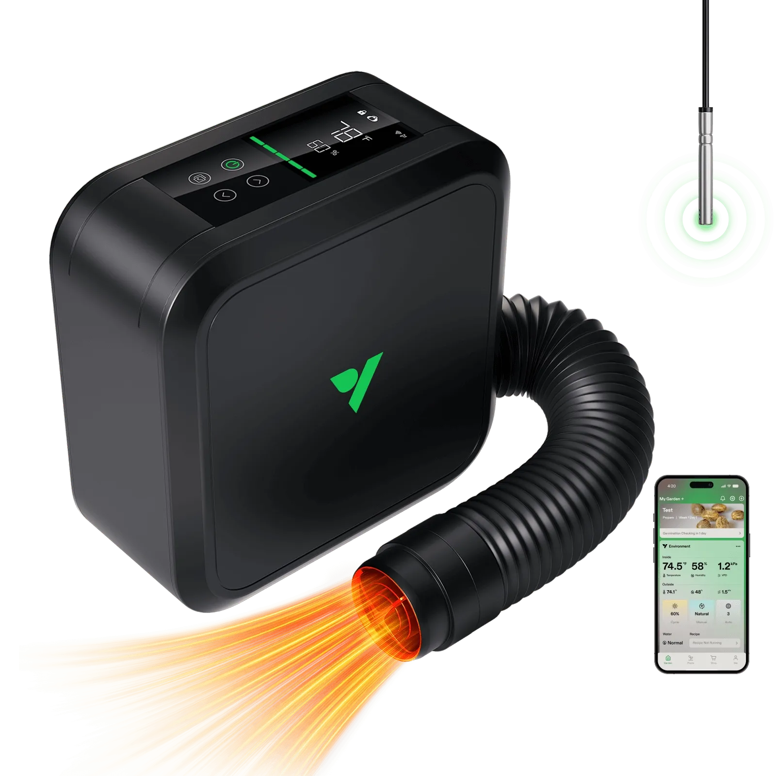 Smart Grow Tent Heater | 700W PTC | VPD Control + Sensor | 5 Heat Levels | App Control + Scheduling | Tip-Over & Overheat Protection