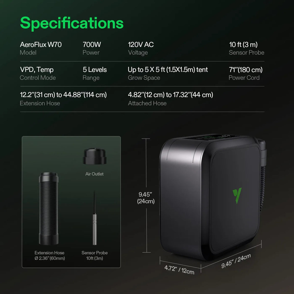 Smart Grow Tent Heater | 700W PTC | VPD Control + Sensor | 5 Heat Levels | App Control + Scheduling | Tip-Over & Overheat Protection