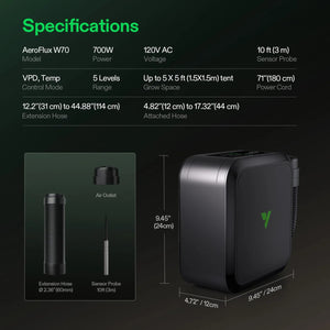 Smart Grow Tent Heater | 700W PTC | VPD Control + Sensor | 5 Heat Levels | App Control + Scheduling | Tip-Over & Overheat Protection