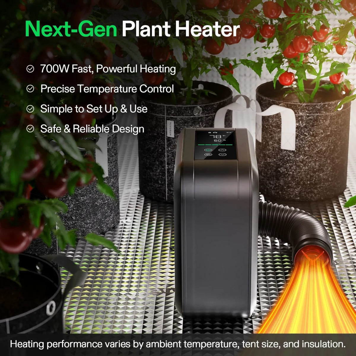 Smart Grow Tent Heater | 700W PTC | VPD Control + Sensor | 5 Heat Levels | App Control + Scheduling | Tip-Over & Overheat Protection
