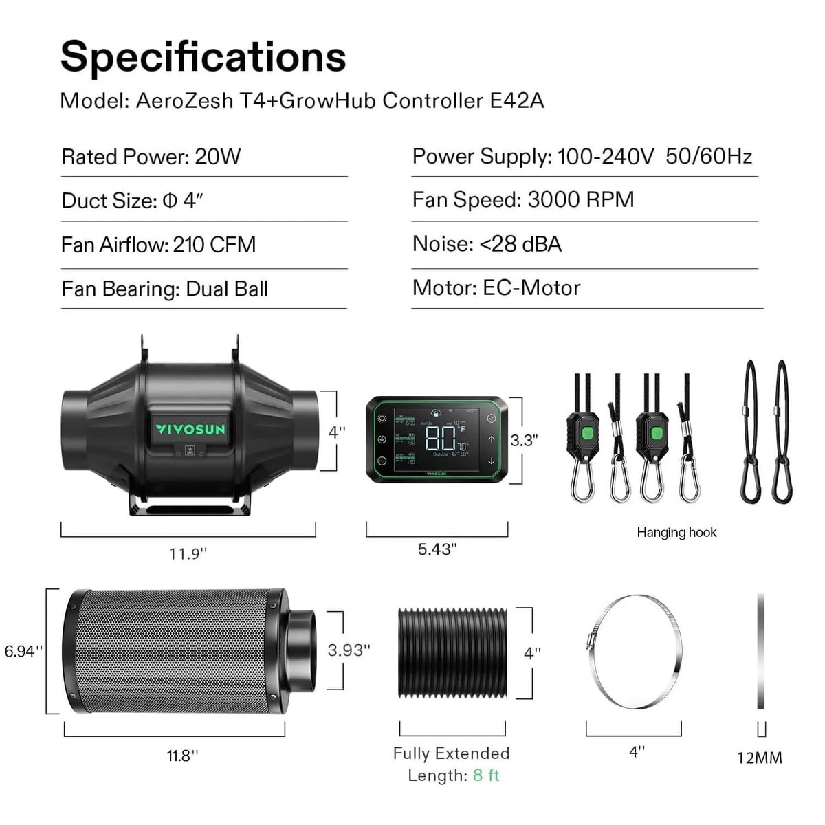 Smart Ventilation Kit Pro 4″ | AeroZesh T4 Inline Fan + WiFi Temp & Humidity Controller + Carbon Filter + Ducting | 210 CFM Quiet Airflow for Grow Tents