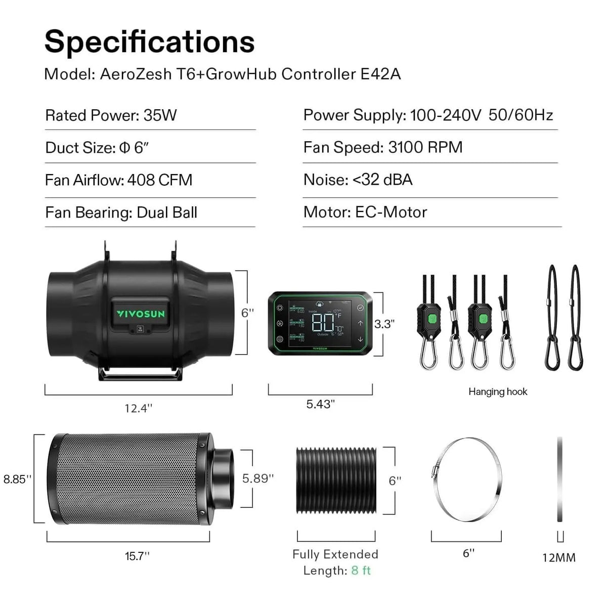 Smart Ventilation Kit Pro 6″ | AeroZesh T6 Inline Fan + WiFi Temp & Humidity Controller + Carbon Filter + Ducting | Quiet 408 CFM Airflow for Grow Tents