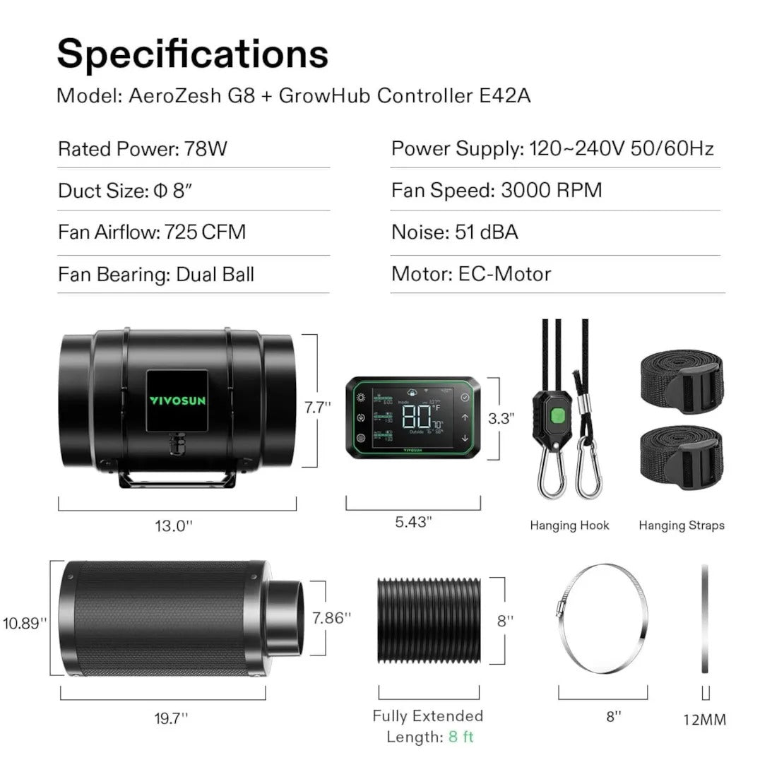 Smart Ventilation Kit Pro 8″ | AeroZesh G8 Inline Fan + WiFi Temp & Humidity Controller + Carbon Filter + Ducting | 725 CFM Quiet Ventilation for Large Grow Tents