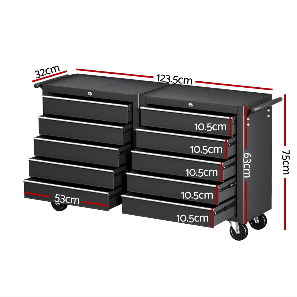 Tool Chest Trolley | 10 Drawer Rolling Toolbox | Black