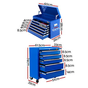 Tool Box Cabinet Chest | 14 Drawer | Mechanic Garage Storage Trolley | Blue
