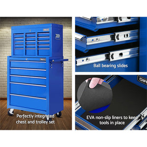 Tool Box Cabinet Chest | 14 Drawer | Mechanic Garage Storage Trolley | Blue