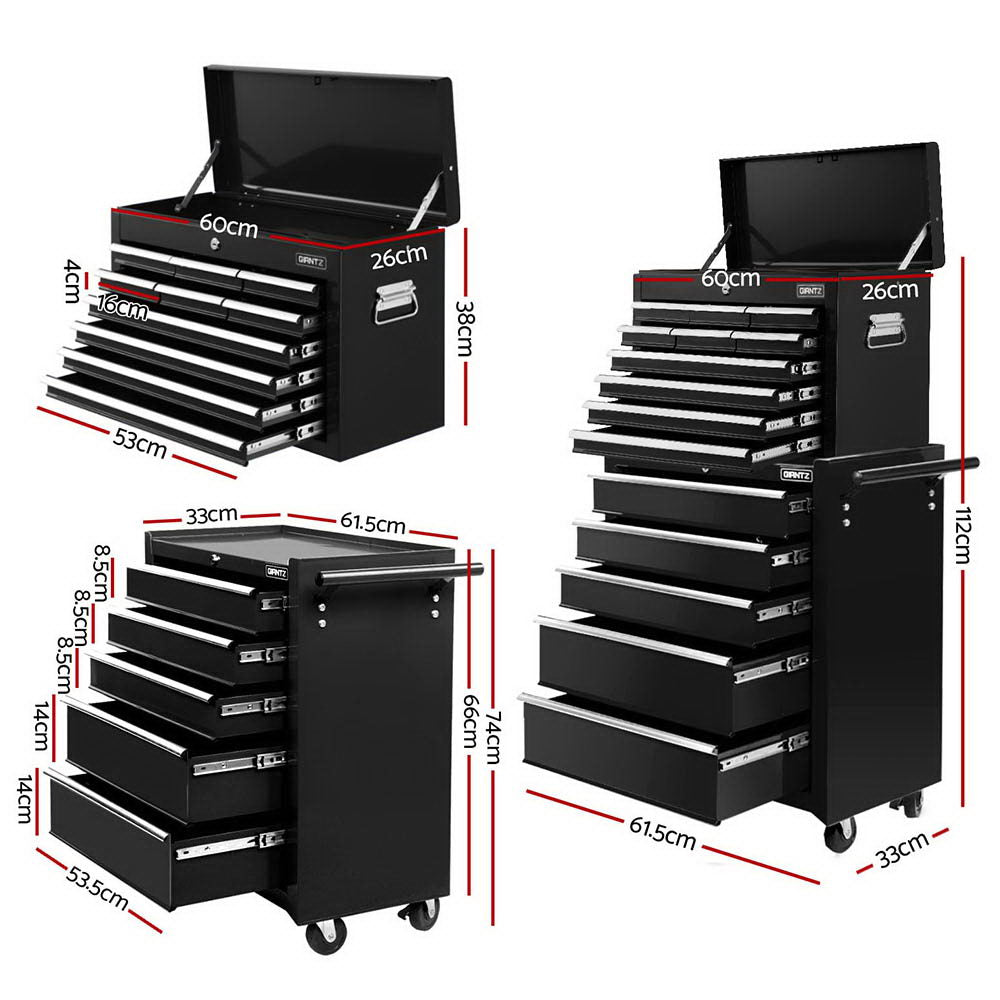 15-Drawer Tool Chest Trolley | 2-in-1 Toolbox Storage | Black