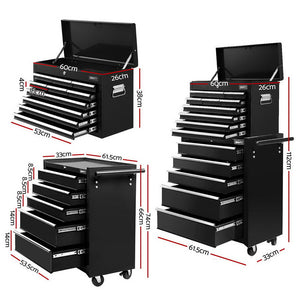 15-Drawer Tool Chest Trolley | 2-in-1 Toolbox Storage | Black