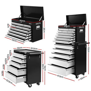 15-Drawer Tool Chest Trolley | 2-in-1 Rolling Toolbox | Black & Grey