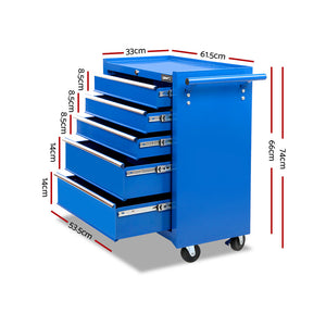 Tool Box Cabinet Chest | 5 Drawer Trolley | Garage Storage Toolbox | Blue