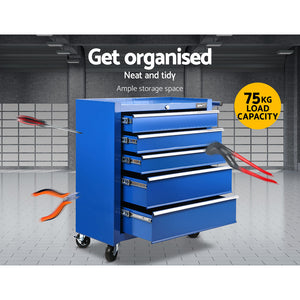 Tool Box Cabinet Chest | 5 Drawer Trolley | Garage Storage Toolbox | Blue