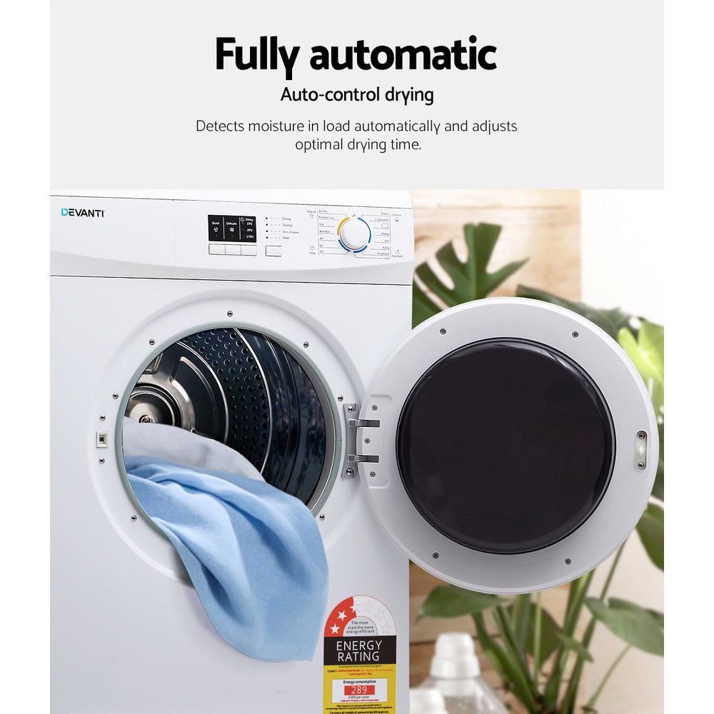 Devanti Vented Tumble Dryer | 7kg Capacity | White | Freestanding Electric Dryer
