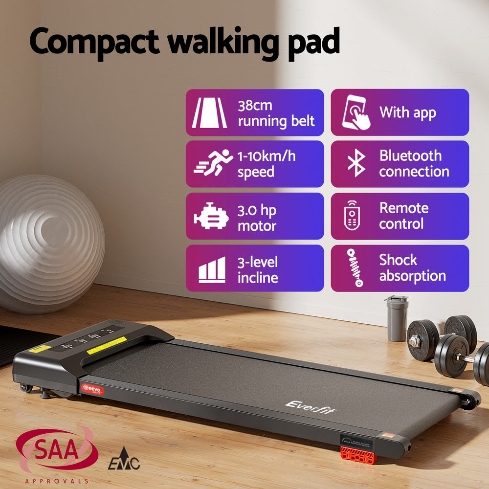 Treadmill Walking Pad 380mm | Electric Incline Under Desk Home Gym | Black | Compact Fitness Equipment