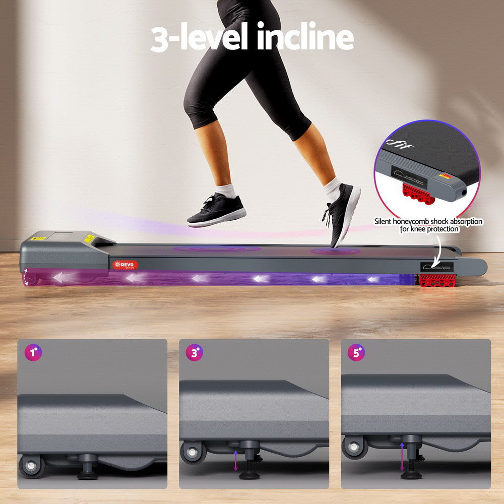 Treadmill Walking Pad 380mm | Electric Incline Under Desk Home Gym | Grey | Compact Fitness Equipment