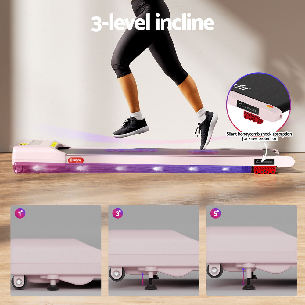 Treadmill Walking Pad 380mm | Electric Incline Under Desk Home Gym | Pink | Compact Fitness Equipment