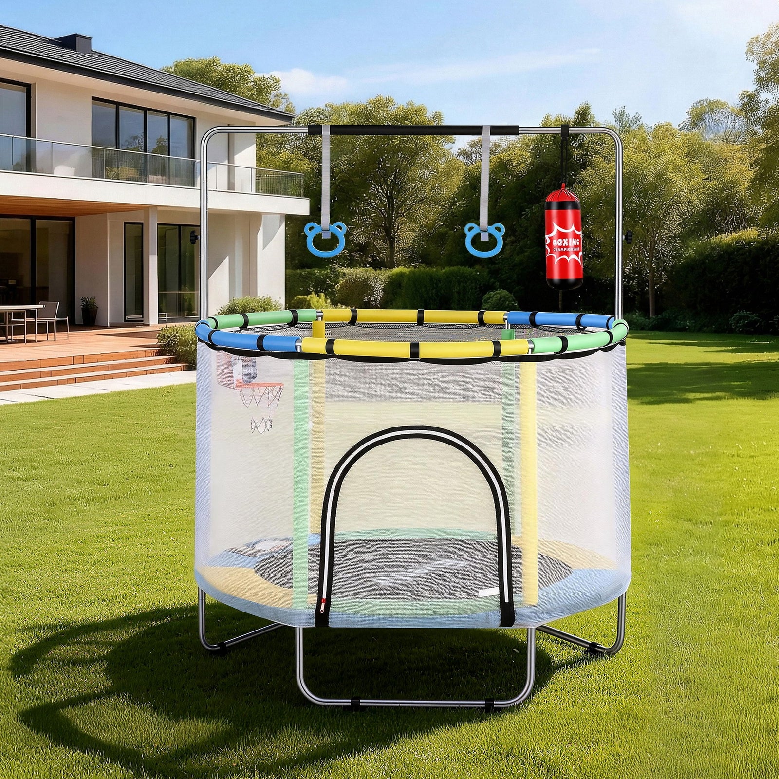 55 Inch Trampoline Rebounder | Kids | Basketball Hoop & Boxing Set